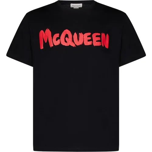 Schwarzes Baumwoll-Jersey-T-Shirt mit rotem Logo , Herren, Größe: L - alexander mcqueen - Modalova