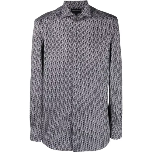 Regular Fit Blue Shirt with All Over Lettering Print for Men , male, Sizes: L, 3XL, 2XL - Emporio Armani - Modalova