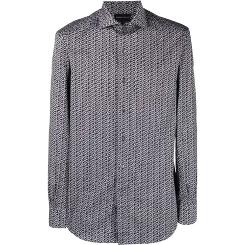 Regular Fit Blue Shirt with All Over Lettering Print for Men , male, Sizes: L, 3XL - Emporio Armani - Modalova