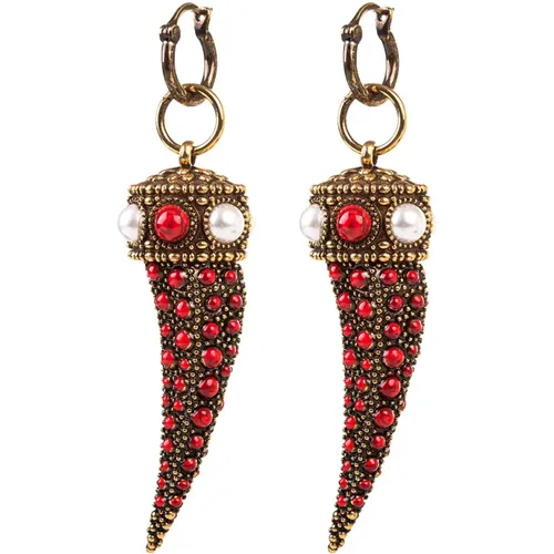 Golden Brass Pendant Earrings with Coral Stones , female, Sizes: ONE SIZE - Roberto Cavalli - Modalova