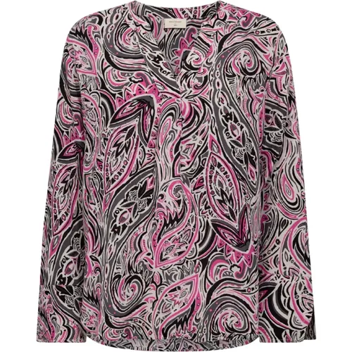 Rose Print Blouse with V-Neck and Long Sleeves , female, Sizes: 2XL, L, S, M - Freequent - Modalova