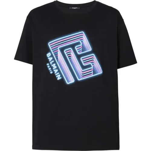 Neon logo T-shirt,T-hirt mit Neon Logo-Print - Balmain - Modalova