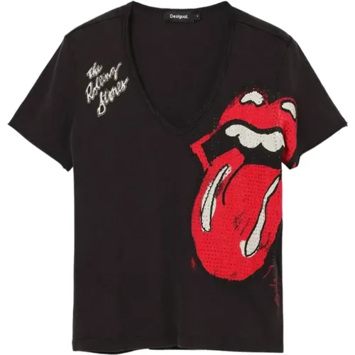 Schwarzes Rolling Stones T-Shirt mit Strass , Damen, Größe: XS - Desigual - Modalova