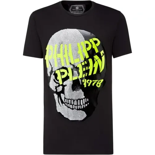 Schwarzes T-Shirt mit bunten Markenbuchstaben und Totenkopf , Herren, Größe: S - Philipp Plein - Modalova