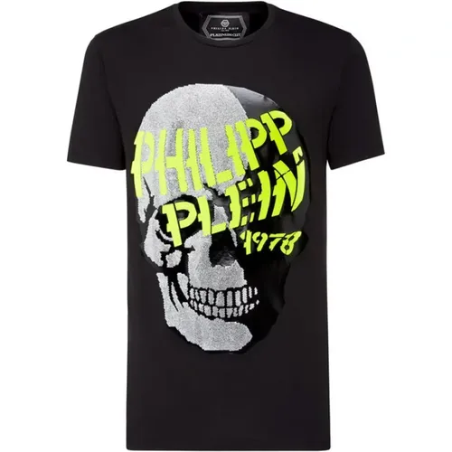 Schwarzes T-Shirt mit bunten Markenbuchstaben und Totenkopf , Herren, Größe: XL - Philipp Plein - Modalova