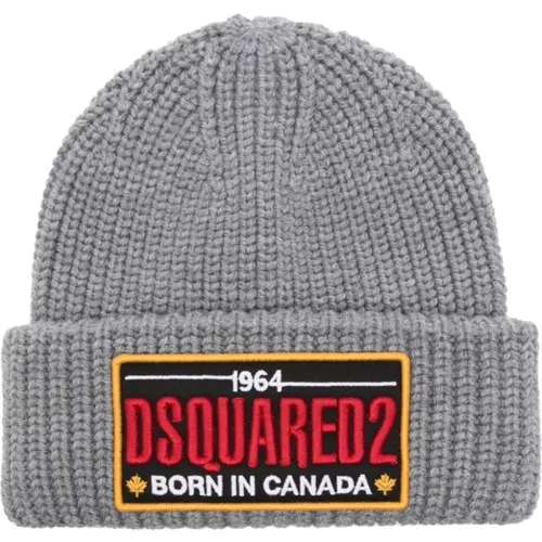 Grey Wool Beanie Hat , male, Sizes: ONE SIZE - Dsquared2 - Modalova