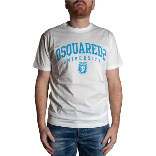Universitäts T-Shirt Weiß mit Hellblauem Druck , Herren, Größe: M - Dsquared2 - Modalova