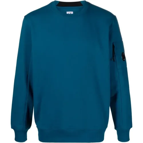 Blauer Fleece-Baumwollpullover mit geripptem Rundhalsausschnitt - C.P. Company - Modalova