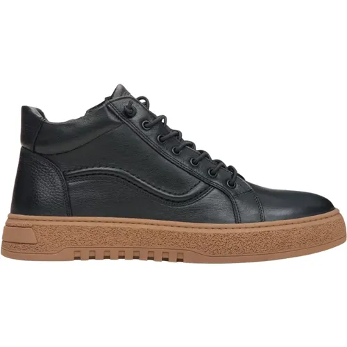 Herren High-Top Schwarze Sneaker aus echtem italienischem Leder mit brauner Sohle , Herren, Größe: 41 EU - Estro - Modalova