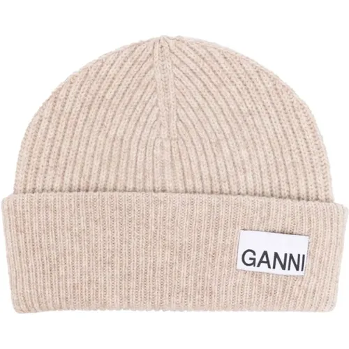 Ribbed Knit Logo Patch Beanie Hat , female, Sizes: ONE SIZE - Ganni - Modalova