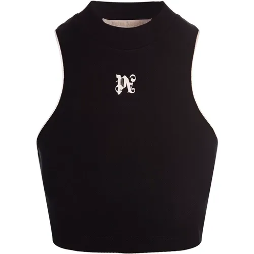 Schwarzes ärmelloses Crop Top mit Monogramm , Damen, Größe: XS - Palm Angels - Modalova