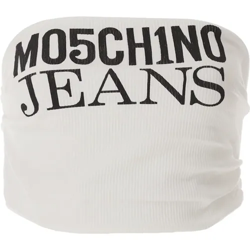 Logo Top Crop Print Weiß Gerippt , Damen, Größe: L - Moschino - Modalova