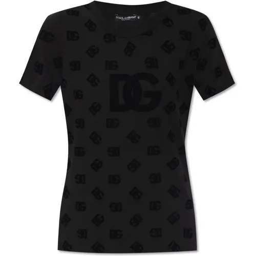 T-Shirt mit Samtmonogramm , Damen, Größe: XS - Dolce & Gabbana - Modalova