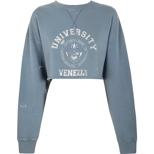 Blau Weiß Cropped Crewneck Sweatshirt , Damen, Größe: L - Golden Goose - Modalova