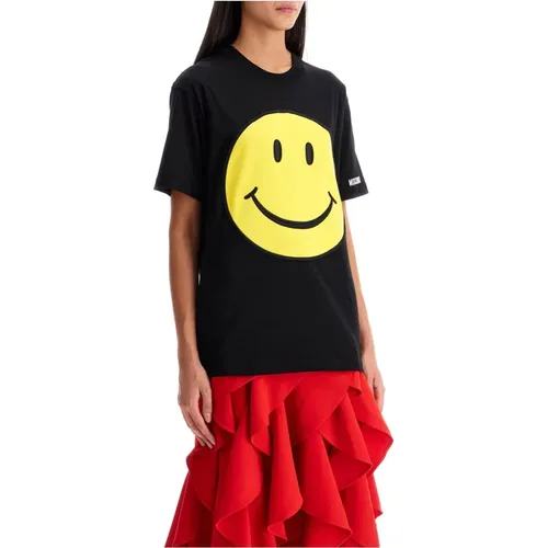 Smiley Face Patch Crew Neck T-Shirt , female, Sizes: M, S, XS - Moschino - Modalova