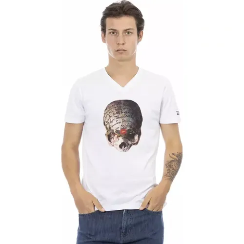 Elegantes weies T-Shirt mit V-Ausschnitt und schlichtem Druck , Herren, Größe: 3XL - Trussardi - Modalova