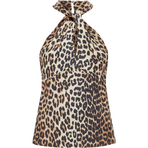 Leopard Print Satin Halter Top , Damen, Größe: L - Ganni - Modalova