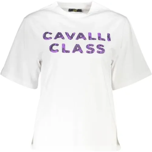 Elegantes weißes Baumwoll-T-Shirt mit Designer-Print , Damen, Größe: L - Cavalli Class - Modalova