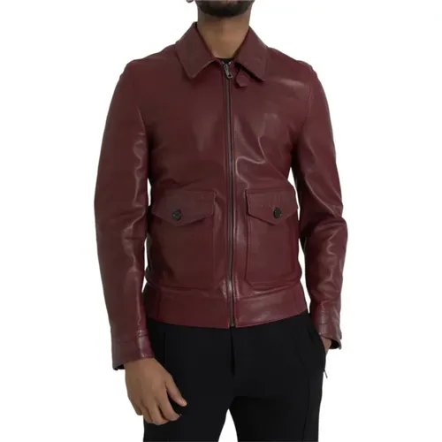 Maroon Exotische Leder Bikerjacke - Dolce & Gabbana - Modalova