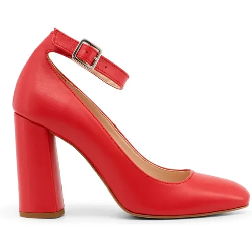 Leather Square Toe Ankle Strap Courts - 10cm Heel , female, Sizes: 8 UK, 6 UK - Made in Italia - Modalova
