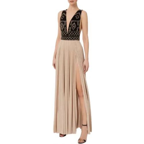 And Gold Long Evening Dress with Diamond Embroidery , female, Sizes: L - Elisabetta Franchi - Modalova