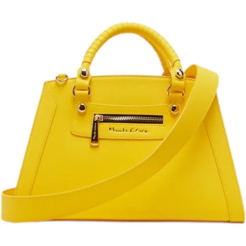 Leder-Shoppingtasche mit goldfarbenem Logo , Damen, Größe: ONE Size - Manila Grace - Modalova