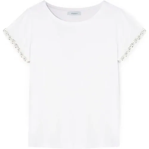T-Shirt mit Kristallverzierten Ärmeln , Damen, Größe: M - Motivi - Modalova