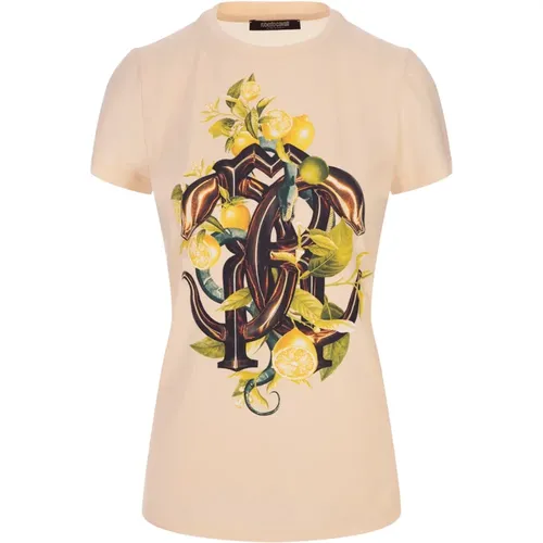 Lemon and Snake Print T-shirt , female, Sizes: M, S - Roberto Cavalli - Modalova
