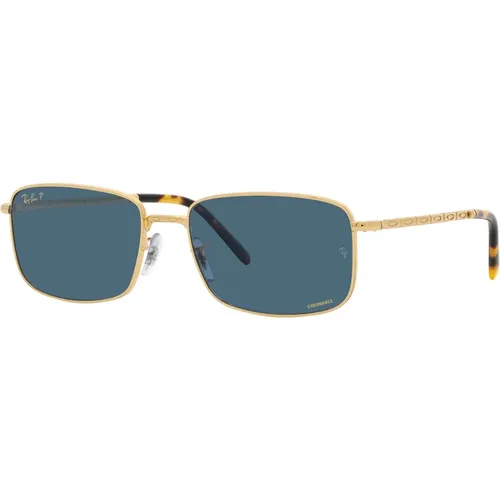 Rectangular Gold Metal Frame Blue Polarized Lenses , unisex, Sizes: 57 MM - Ray-Ban - Modalova