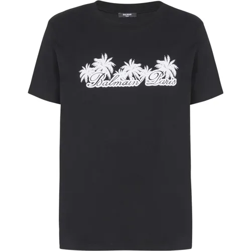 T-Shirt mit Palmen-Signaturdruck , Herren, Größe: L - Balmain - Modalova