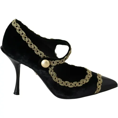 Schwarze verzierte Samt Mary Jane Pumps , Damen, Größe: 35 EU - Dolce & Gabbana - Modalova