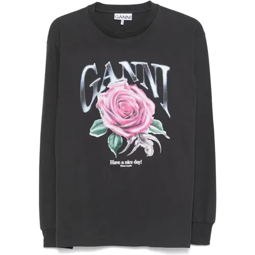 Rosa Langarm Grafik T-Shirt , Damen, Größe: M - Ganni - Modalova