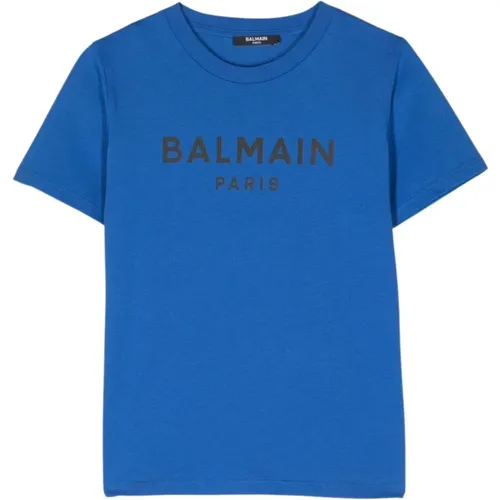 Blau T-Shirt mit zentralem Logo-Print - Balmain - Modalova