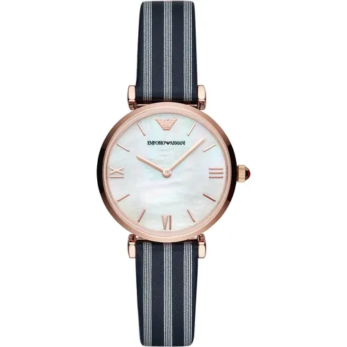 Luxury Women`s Stainless Steel Watch with Mother of Pearl Dial and Blue Leather Strap , female, Sizes: ONE SIZE - Emporio Armani - Modalova