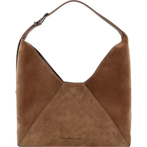 Suede Shoulder Bag with Engraved Logo , female, Sizes: ONE SIZE - BRUNELLO CUCINELLI - Modalova