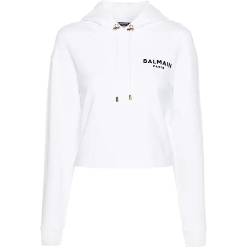 Blanc flocked-logo cropped hoodie , female, Sizes: L, M - Balmain - Modalova