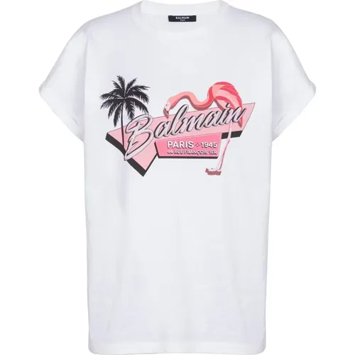 Flamingo T-shirt,Weiße T-Shirts und Polos,Grafikdruck Baumwoll T-shirts und Polos - Balmain - Modalova