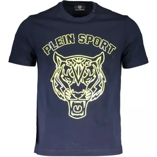 Blaues Baumwoll-T-Shirt, Kurzarm, Rundhals, Druck, Logo - Plein Sport - Modalova