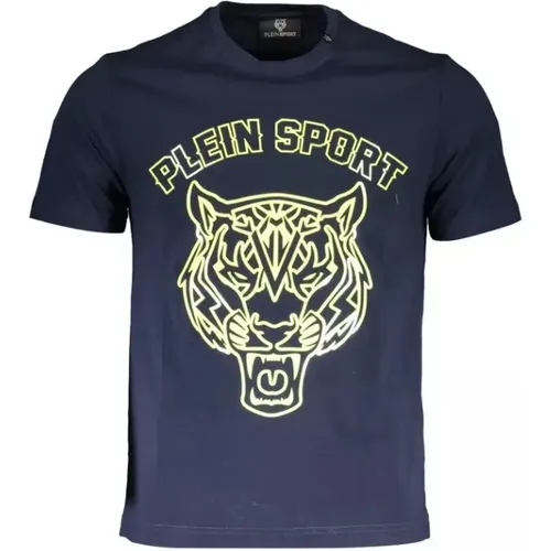 Blaues Baumwoll-T-Shirt, Kurzarm, Rundhals, Druck, Logo , Herren, Größe: L - Plein Sport - Modalova