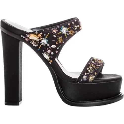 Leather Platform Mules with Crystals , female, Sizes: 5 UK, 3 UK, 4 UK - alexander mcqueen - Modalova