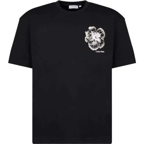 Schwarzes T-Shirt mit Nachtblumenstickerei , Herren, Größe: S - Calvin Klein - Modalova