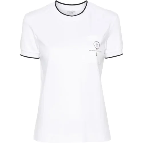 Weiße Baumwoll-T-Shirt mit Kontrastbesatz und Brusttasche - BRUNELLO CUCINELLI - Modalova