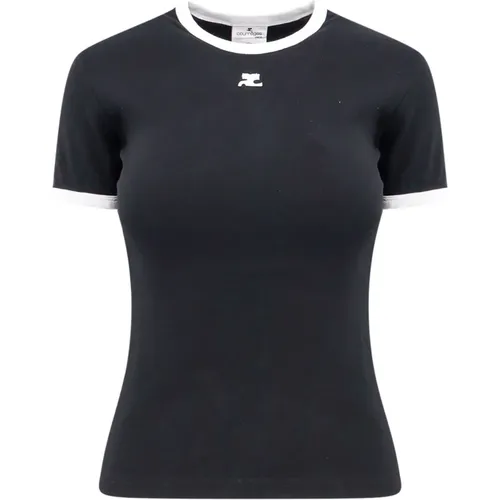 Schwarzes T-Shirt mit Rundhalsausschnitt und Besticktem Logo , Damen, Größe: XL - Courrèges - Modalova
