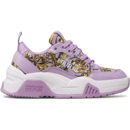 Lila Leder Sneakers mit Gold Design , Damen, Größe: 37 EU - Versace Jeans Couture - Modalova