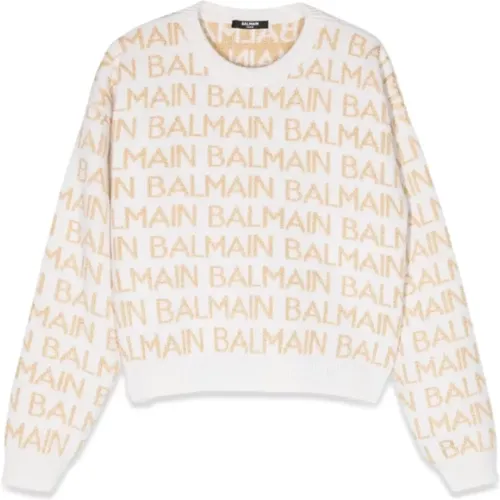 Logo Rundhalsausschnitt Pullover Wolle Kaschmir Metallic - Balmain - Modalova