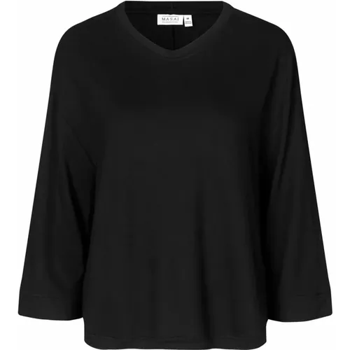 Einfache Schwarze Bluse mit ¾ Ärmeln , Damen, Größe: XL - Masai - Modalova