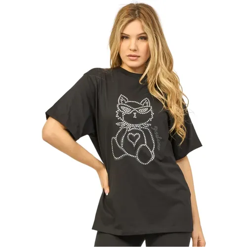 Schwarzes Baumwoll-T-Shirt mit Strass , Damen, Größe: XS - Disclaimer - Modalova