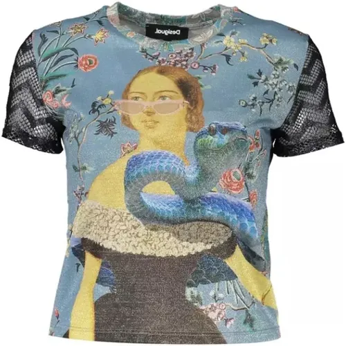 Essentielles hellblaues bedrucktes T-Shirt mit Kontrasten - Desigual - Modalova