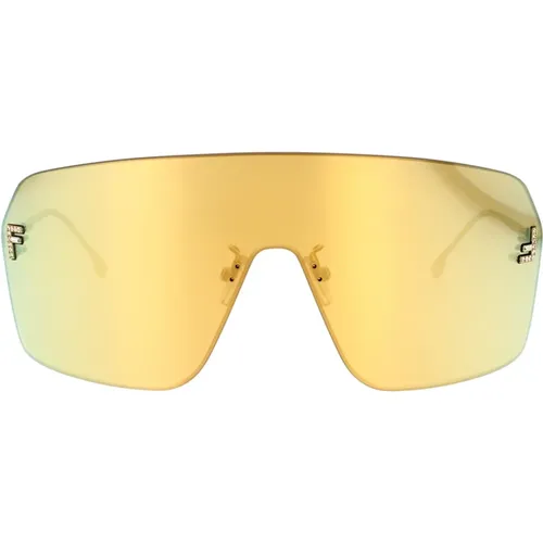 Moderne Schutzschild-Sonnenbrille mit goldenen Metallbügeln und verspiegelten goldenen Gläsern - Fendi - Modalova