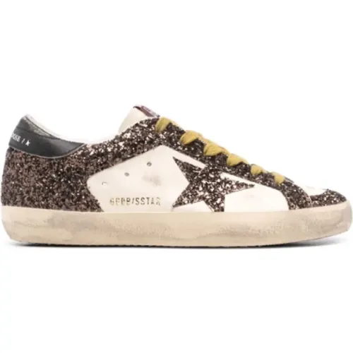 Beige/Braune Ledersneaker mit Glitzerdetail , Damen, Größe: 39 EU - Golden Goose - Modalova